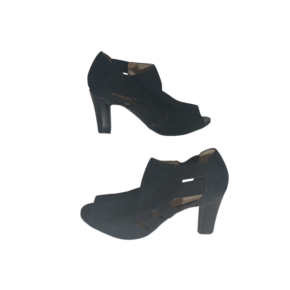 LifeStride Cadenza Booties 6.5M Black Peep Toe Elastic Straps Comfort Heels